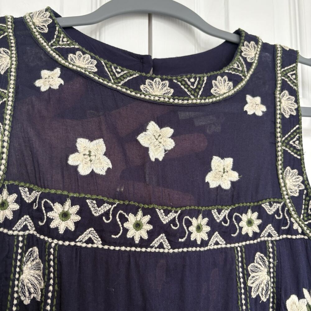 Anthropologie Maeve Rosa Embroidered Swing Shift Dress Navy Floral Cotton US 2 - Picture 2 of 16